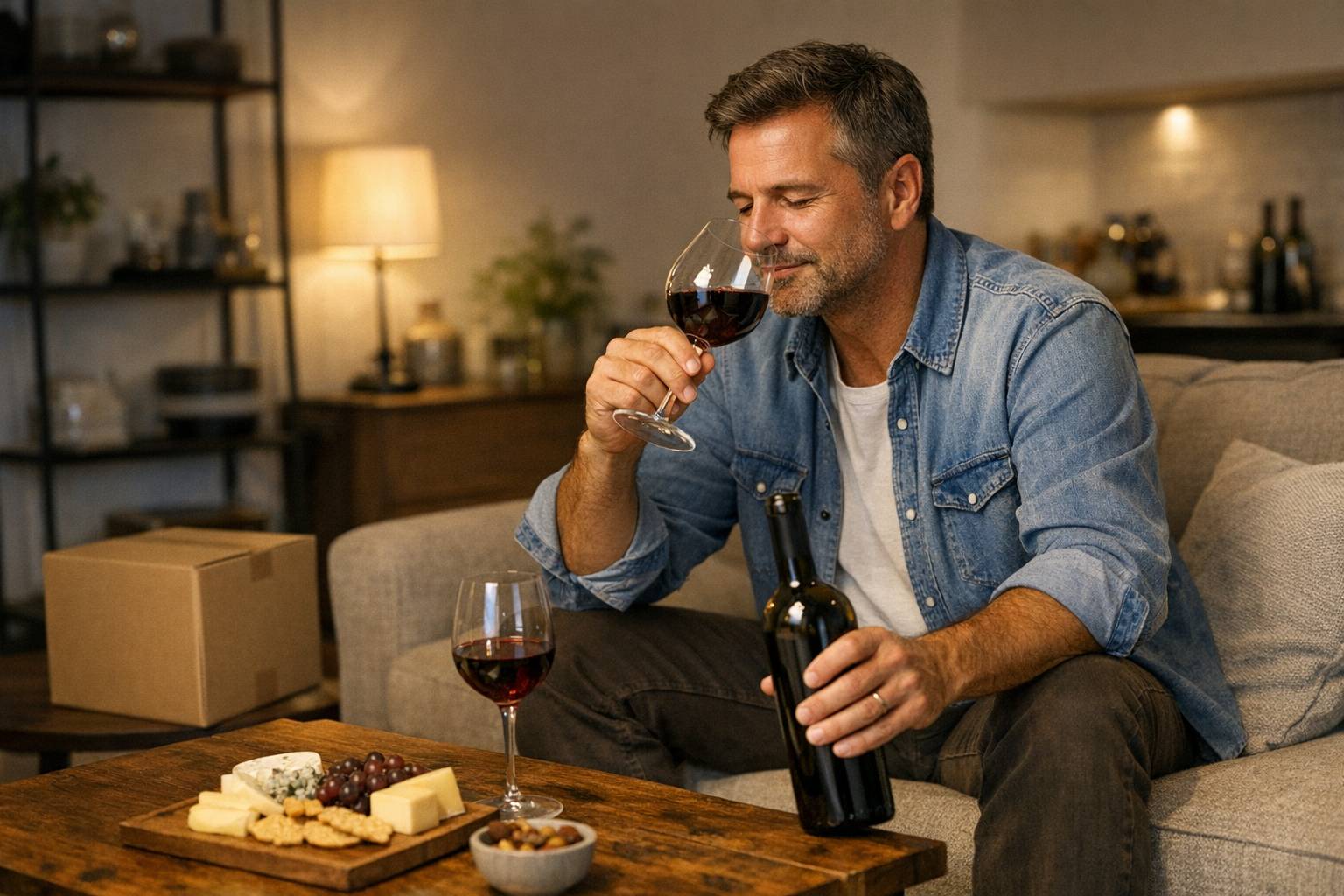 Un hombre en su casa degustando un vino, con la caja de haberlo recibido a domicilio en algún punto visible pero no llamativo Un hombre en su casa degustando un vino, con la caja de haberlo recibido a domicilio en algún punto visible pero no llamativo